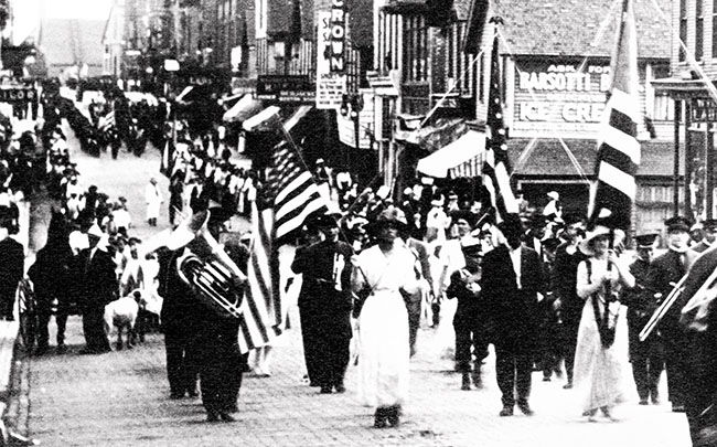 Big Annie Clemenc leads a strike parade in Calumet. Image courtesy of Michigan Tech Archives and Copper Country Historical Collections, Michigan Technological University