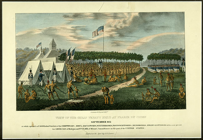 Treaty of Prarie du Chien (1825) chromolithograph by J.O. Lewis, 1835 